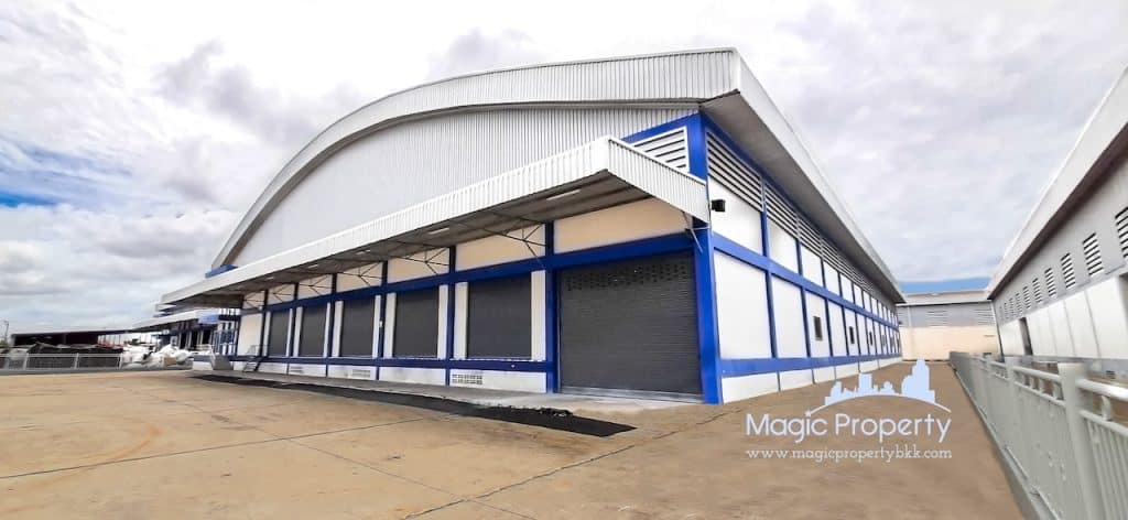 Warehouse For Rent Bang Phriang, Bang Bo, Samut Prakan Property Code MGP636 Dimension 48 X 78 Meters Area 3816 Sq.m Span 24 Meters Floor Load 3 Tons Clear height 8.2 Meters and highest 16 Meters Number of Dock 5 Number of Ramp 1 Deposit 3 months and 1 month advance Rental Minimum 3 years Contract Rental 120.THB/Sq.m Rental Price 457,920.THB/Month