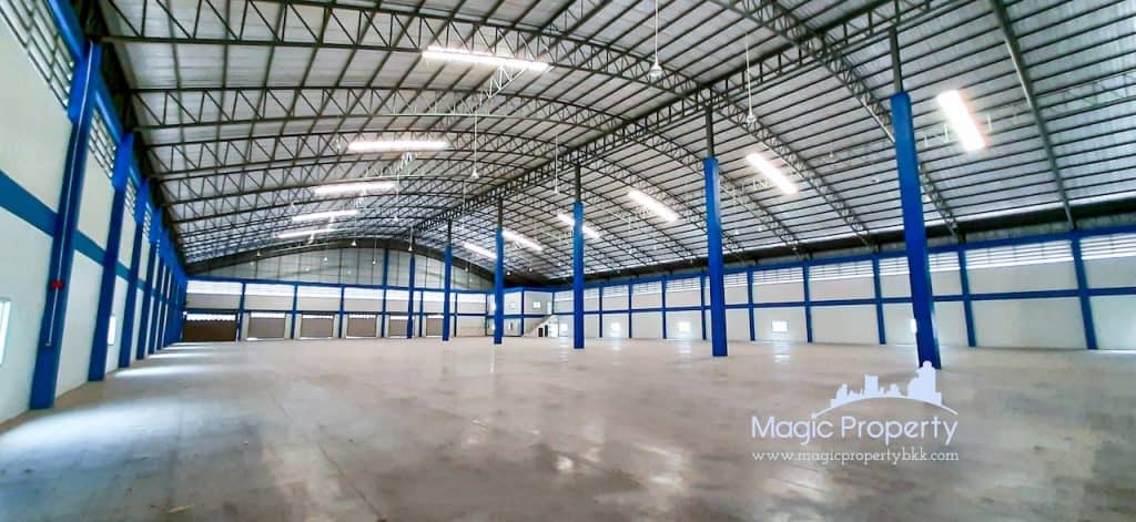 Warehouse For Rent Bang Phriang, Bang Bo, Samut Prakan Property Code MGP636 Dimension 48 X 78 Meters Area 3816 Sq.m Span 24 Meters Floor Load 3 Tons Clear height 8.2 Meters and highest 16 Meters Number of Dock 5 Number of Ramp 1 Deposit 3 months and 1 month advance Rental Minimum 3 years Contract Rental 120.THB/Sq.m Rental Price 457,920.THB/Month